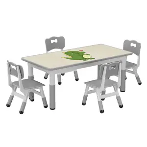 Height Adjustable Kids Table and 4 Chairs Set Toddler Activity Table Large Drawing Desk Erasable Graffiti Tabletop Kids Furniture Set For Arts Crafts Reading Playroom Daycare Preschool Kindergarten Ages 2-10 Grey Yellow Wood Tone