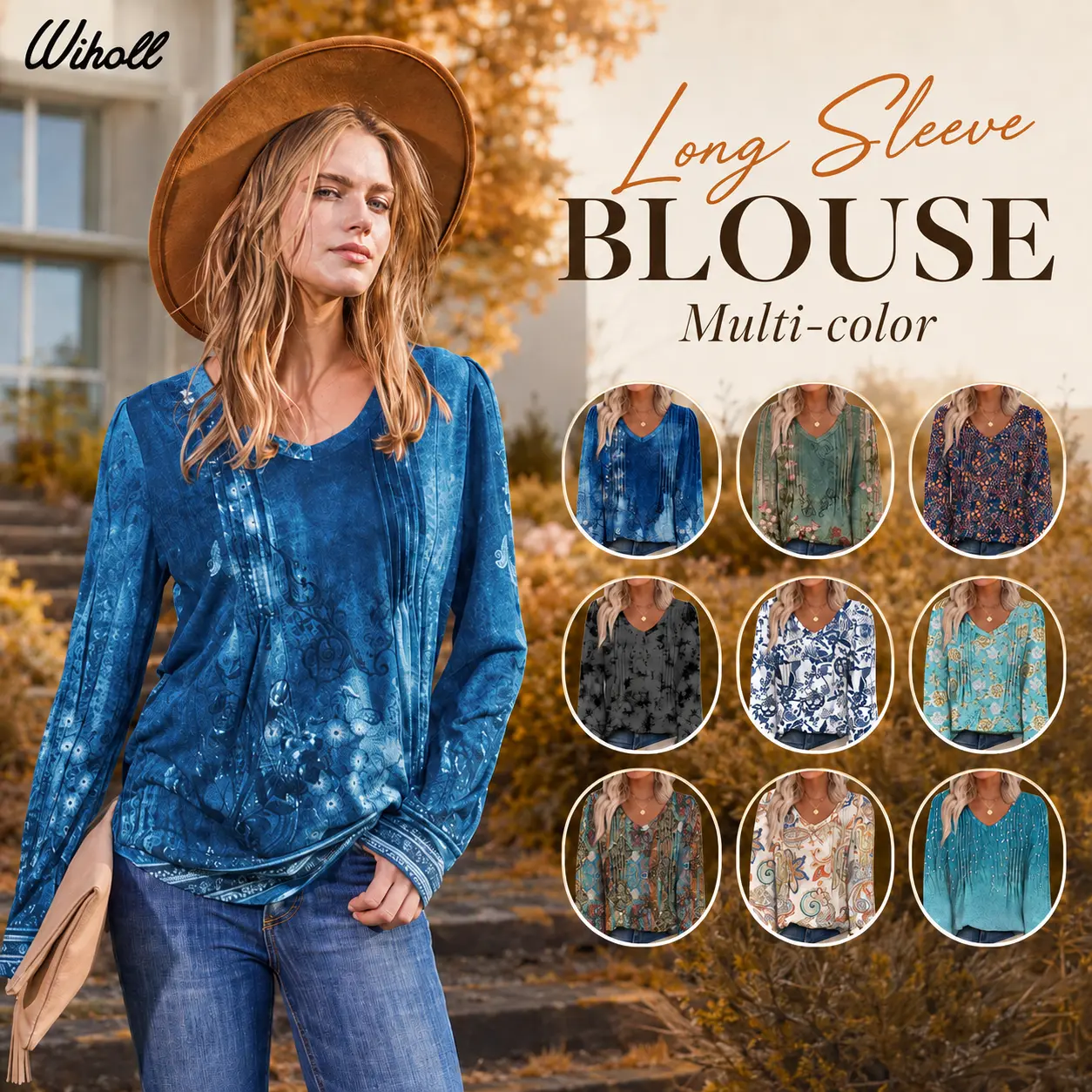 WIHOLL Women's Long Sleeve Casual V-Neck Pleated Blouse with Curved Hem, Blue Printed Prints, Fall Winter Tunic Top - Note to Refer to Size Chart, Blue Floral Blouses & Shirts, Lndigo Print