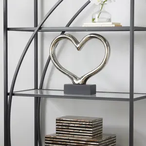 Heart Silver Ceramic Decorative Sculpture with Black Base