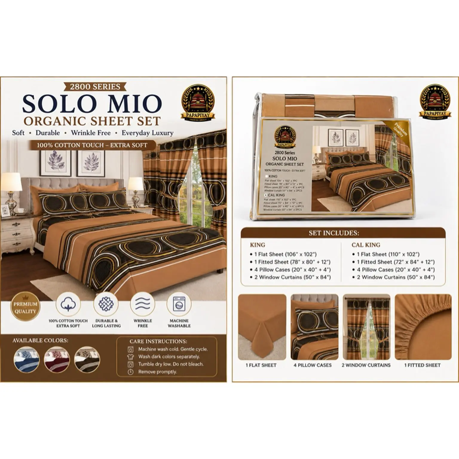2800 Series Solo Mio Organic Sheet Set - Soft, Durable, Wrinkle Free, 100% Cotton Touch, Extra Soft, King & Cal King Sizes