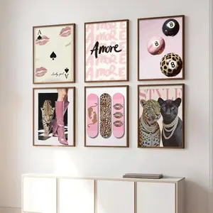 6pcs/set Unframed Pink Leopard Cheetah Animal Canvas Painting Wall Art Lucky 8 Ball Print Poster Modern Living Room Bedroom Decor Vibrant Patterns