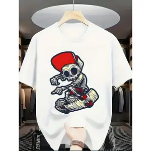 Cool Skateboarding Skeleton Graphic T-Shirt - Black Short Sleeve Round Neck Casual Summer Tee