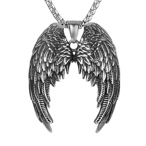 HZMAN Large Stainless Steel Angel Wing Feather Pendant Gothic Necklace for Men Women with 22+2 Inch Box Chain