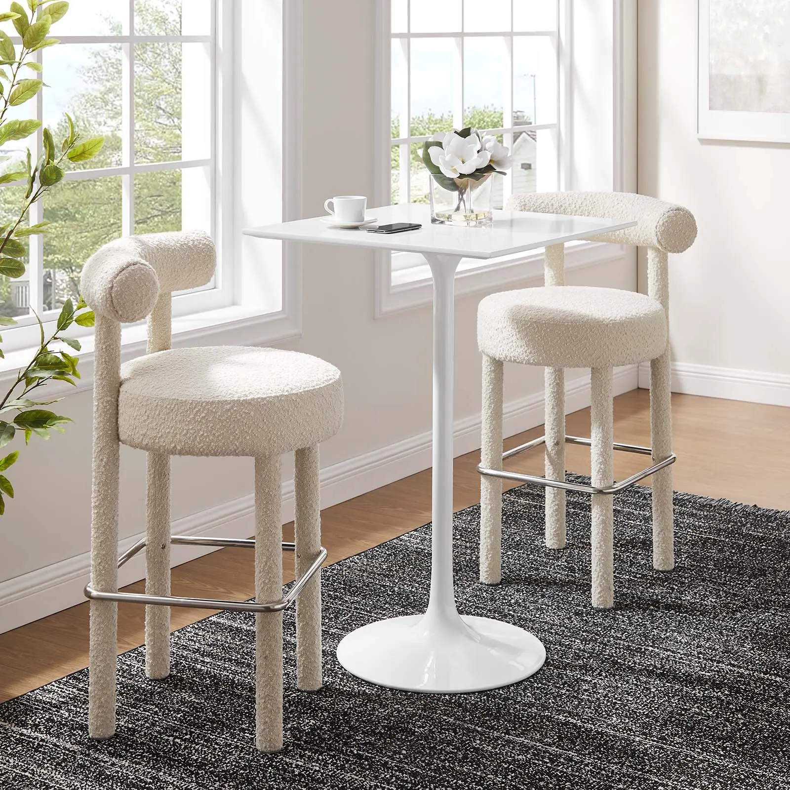 Modway Lippa 28" Square MDF Bar Table, White High Gloss Finish, Beveled Edge, Contemporary Design, Felt Pad Equipped Indoor Furniture
