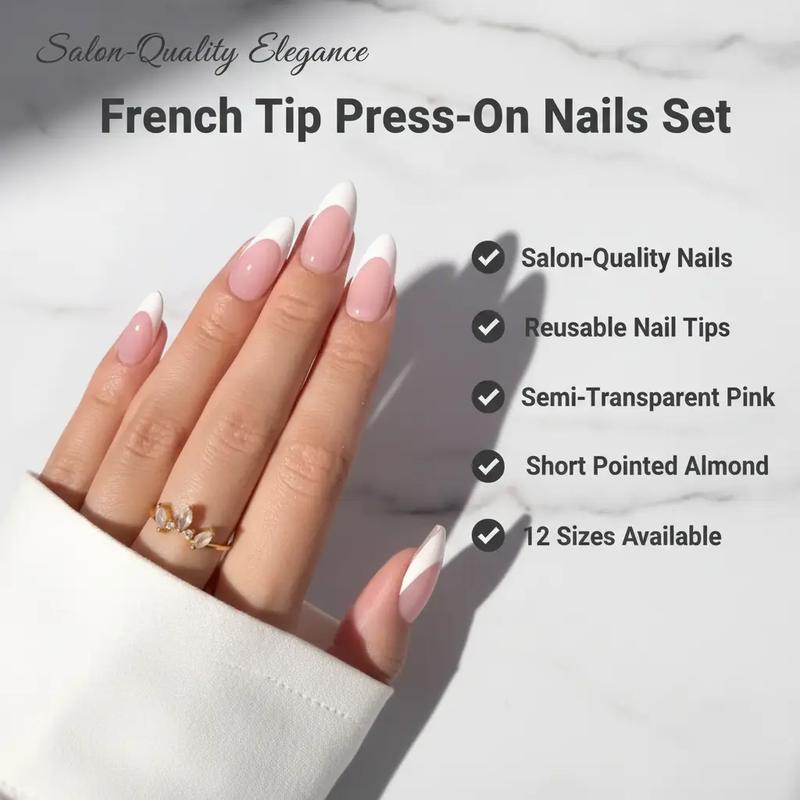 Trendy French Tip Press On Nails | Short Pointed Almond | Semi-Transparent Pink UV Finish | 24Pcs 12 Sizes | Salon Quality Reusable | 2026 Valentine’s Limited