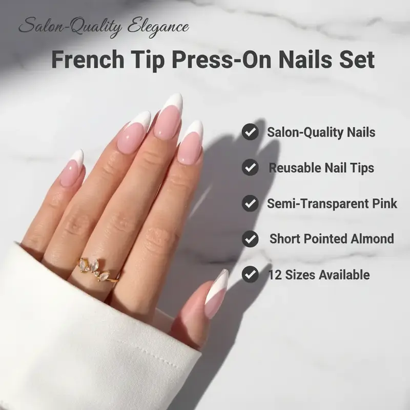 Trendy French Tip Press On Nails | Short Pointed Almond | Semi-Transparent Pink UV Finish | 24Pcs 12 Sizes | Salon Quality Reusable | 2026 Valentine’s Limited