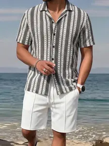Men's Casual Two Piece Set Camp Collar Textured Shirt & Drawstring Waist Shorts Beach Vacation Summer Outfit