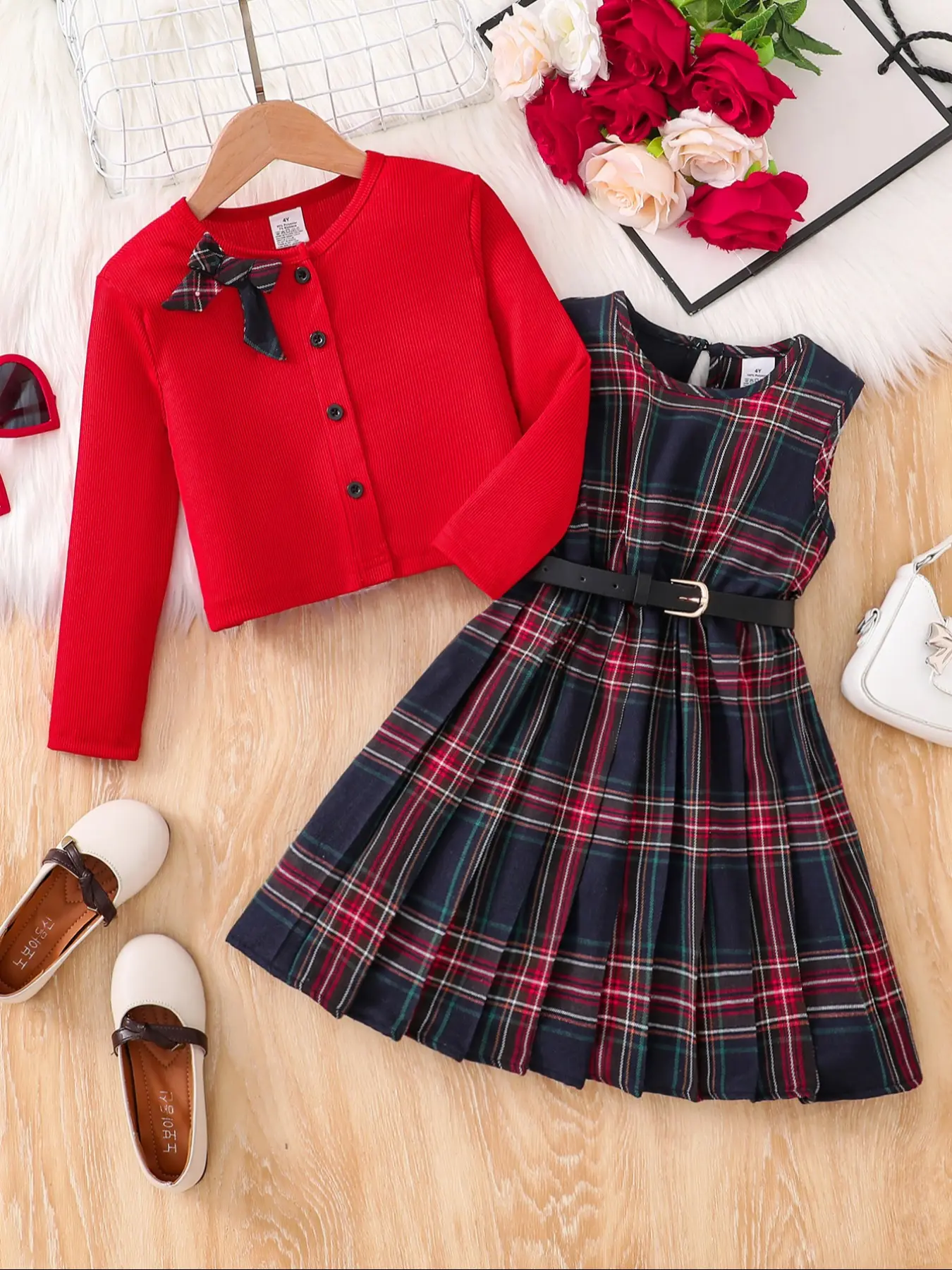 Girls' Knit Cardigan Set, Plaid Dress with Bow Tie, Casual Fall Winter, Girl Clothes School, Ages 4-8, Perfect for Parties and Gifts