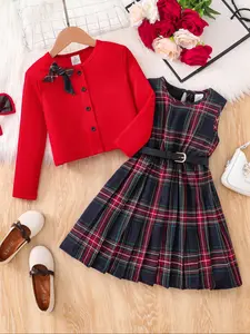 Girls' Knit Cardigan Set, Plaid Dress with Bow Tie, Casual Fall Winter, Girl Clothes School, Ages 4-8, Perfect for Parties and Gifts