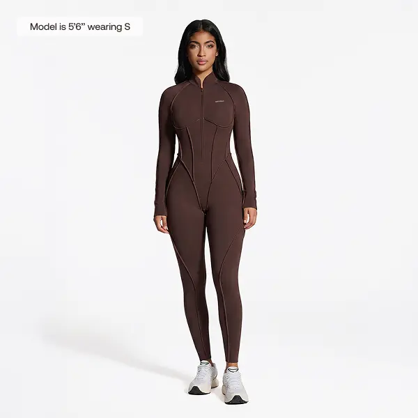 BetterMe Women's Long Sleeve Zip-Front Open-Back Catsuit, Full-Length Compression Jumpsuit for Workout Yoga Gym Activewear