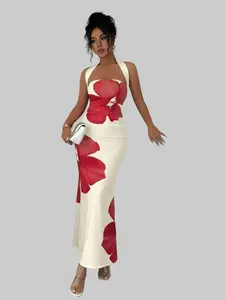 Women's 2025 Summer Halter Tie Waist Slim Fit Printed Mid-Length Dress Sleeveless Elegant Night Out Floral Pattern Blue and White - Casual