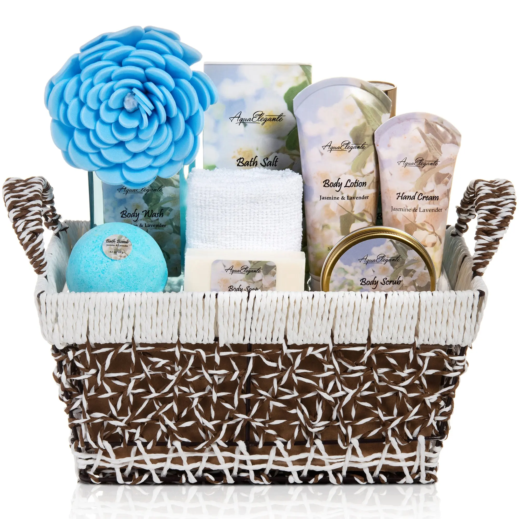 Aqua Elegante Bath Basket For Women - Deluxe Spa Set with Wash, Bubble Bath, Lotion, Salts, Body Scrub, Towel, Shower Puff, Bathbombs, Reusable Basket, Gifts for Mom, Wife, Her