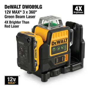 Professional DEWALT 12V MAX 3 x 360 Green Line Laser Level DW089LG for Full Room Layout features High-Visibility Green Beam with 1/8" Accuracy at 30ft Includes 2Ah Battery Charger and Carrying Case Professional Kit tool horizontal boot diy task
