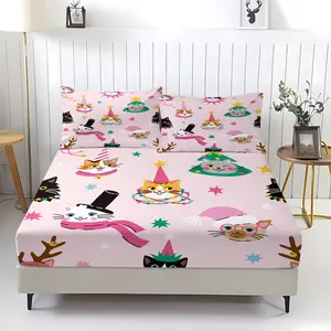 3-piece Christmas cartoon kitten pattern fitted sheet bed sheet sets, including 1 bed sheet and 2 pillowcases, comfortable bedding with anti-slip dust cover suitable for bedrooms and guest rooms,perfect for personal use or as a Christmas gift