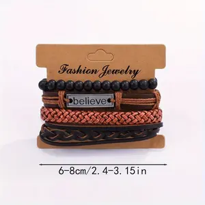 4 items of European and American ethnic-style multi-layer leather wax twine woven bracelets. Artfully hand-woven with wooden beads and having the word "believe" on them, the dimension of these hand ropes is adjustable.