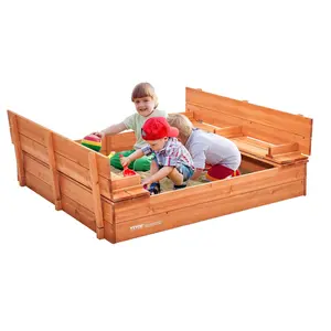 VEVOR Wooden Sandbox,  , 52.4 x 47.2 x 16.9 in Sand Box, Sand Pit with Foldable Bench Seats and Bottom Liner, Natural Wood Kids Sandbox for Outdoor Backyard, Beach, Park, Gift for Boys Girls Ages 3-12