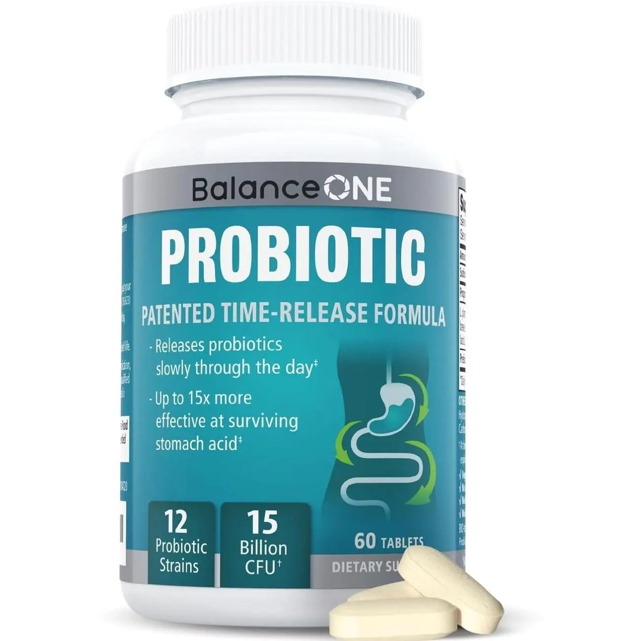 Balance ONE Time Release Probiotic – 15 Billion CFU – 12 Strains Including L. Plantarum – 15x More Survival Than Capsules – Bloating & Gas Relief – Gut & Digestive Health for Women & Men – 60 Tablets