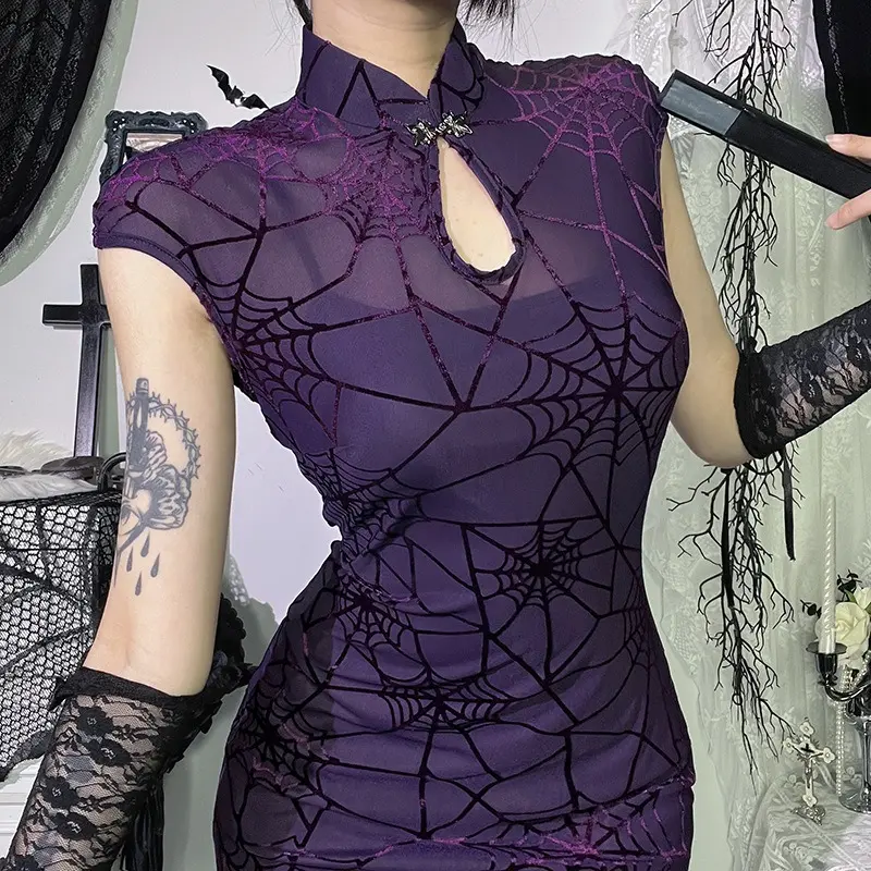 Gothic Spiderweb Mesh Dress Purple Cheongsam‑Inspired Keyhole Neck Slim Fit Short‑Sleeve Party Outfit