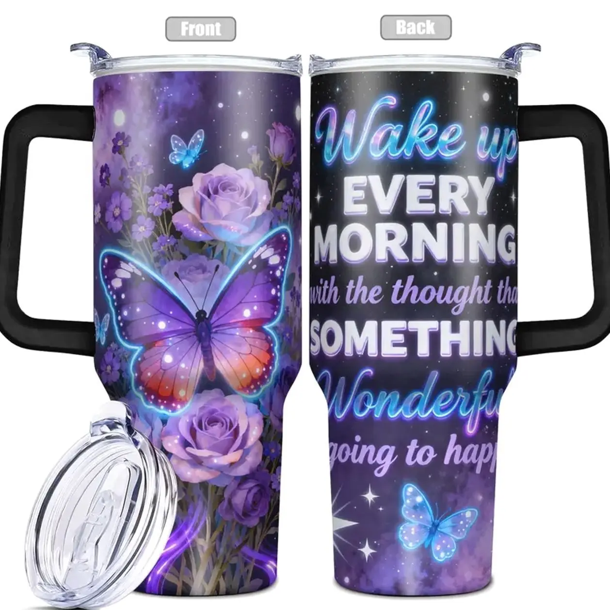 1pc Stainless Steel Cup, Tumbler Reusable Cup, Insulated Water Cup, Insulated Drinkware, 40oz Vacuum Insulated Tumbler, With Butterfly and Rose Double-layer insulation Leakproof Large Capacity, Ideal for Gym, Hiking, Travel, Birthday, Christmas
