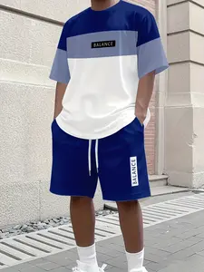 Men's Color Block BALANCE Letter Print Short Sleeve T-Shirt and Shorts Set, Summer Casual Sporty Breathable Loose Sportswear