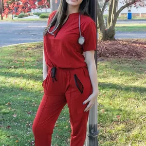 Nyah Collection Red Scrub Top with Zippers for Style - Comfortable and Durable Design