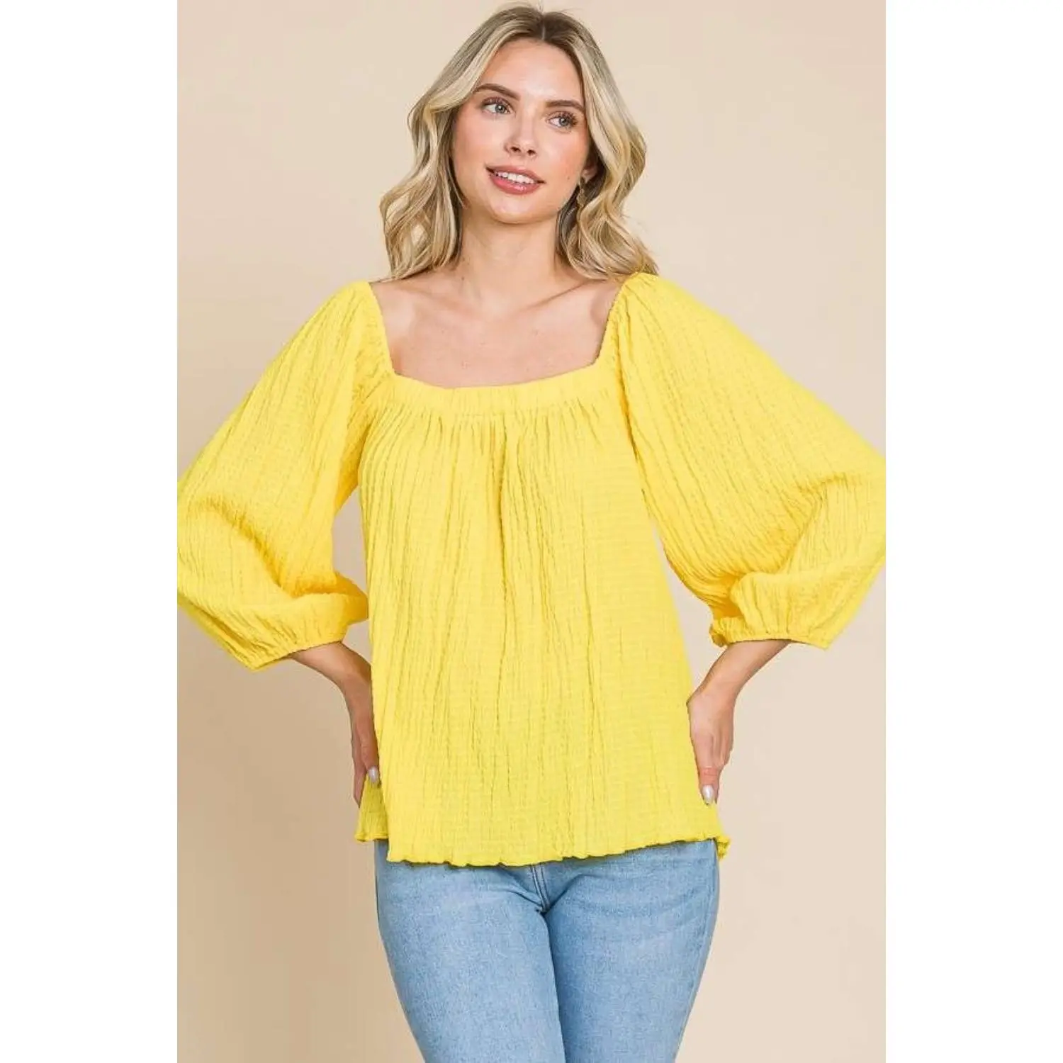 Culture Code Texture Square Neck Puff Sleeve Top