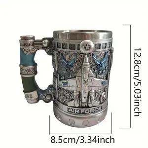 Stainless Steel Mug with Vintage Airplane Design - Deep Blue, Geometric Patterns, Reusable, Hand Wash Only, Perfect for Aviation Enthusiasts, Airplane Decor Drinkware Cup