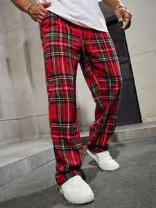 Men’s 2024 Vintage Red Plaid Draping Casual Pants - Menswear Clothes Outfits with Loose Straight Silhouette, Drawstring Waist, Skin-Friendly Comfort, Versatile Street-Style for Everyday Occasions