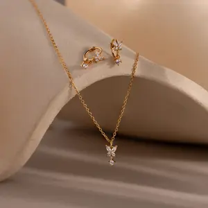 Diamond Butterfly Necklace & Earrings Set by Caitlyn Minimalist - Set of 2: Dainty Butterfly Charm Necklace & Dangling Crystal Huggie Earrings - Cute Gemstone Jewelry - Gift for Her