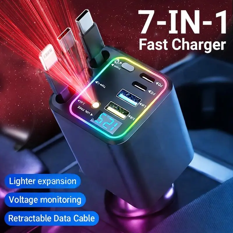 120W Compact Retractable Car Charger - 7-in-1 Ports Fast Charging Station with 3 Built-in Organized Cables, Star Projector, LED Voltage Display for Tech Users’ Road Trips, Multi-Port Accessory for iPhone & Android, Modern, Voltage Monitor