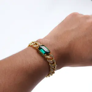 Unisex Cuban Link Chain Bracelet Mens Gold Plated Trendy Green Birthstone Bracelets Gifts for Him