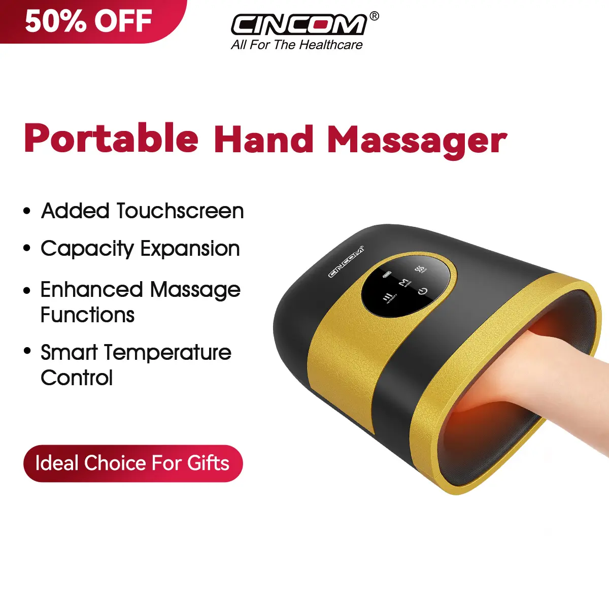 CINCOM Upgraded New Hand Massager, Cordless Finger Massager with Heat and Vibration, Adjustable Intensity and Temperature, with Clear Visible LED Screen, Rechargeable, Comfort, Great as a Gift for Friends or Family, Comfort
