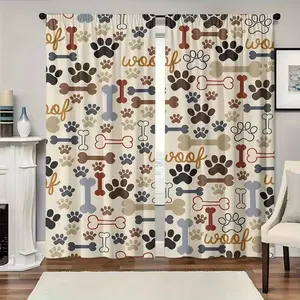 2pcs Privacy Protection Filter Light Curtain Rod Drapes, Window Curtain, Polyester Material, Cute Dog Paw Print & Small Bone Pattern, Living Room Bedroom Decor