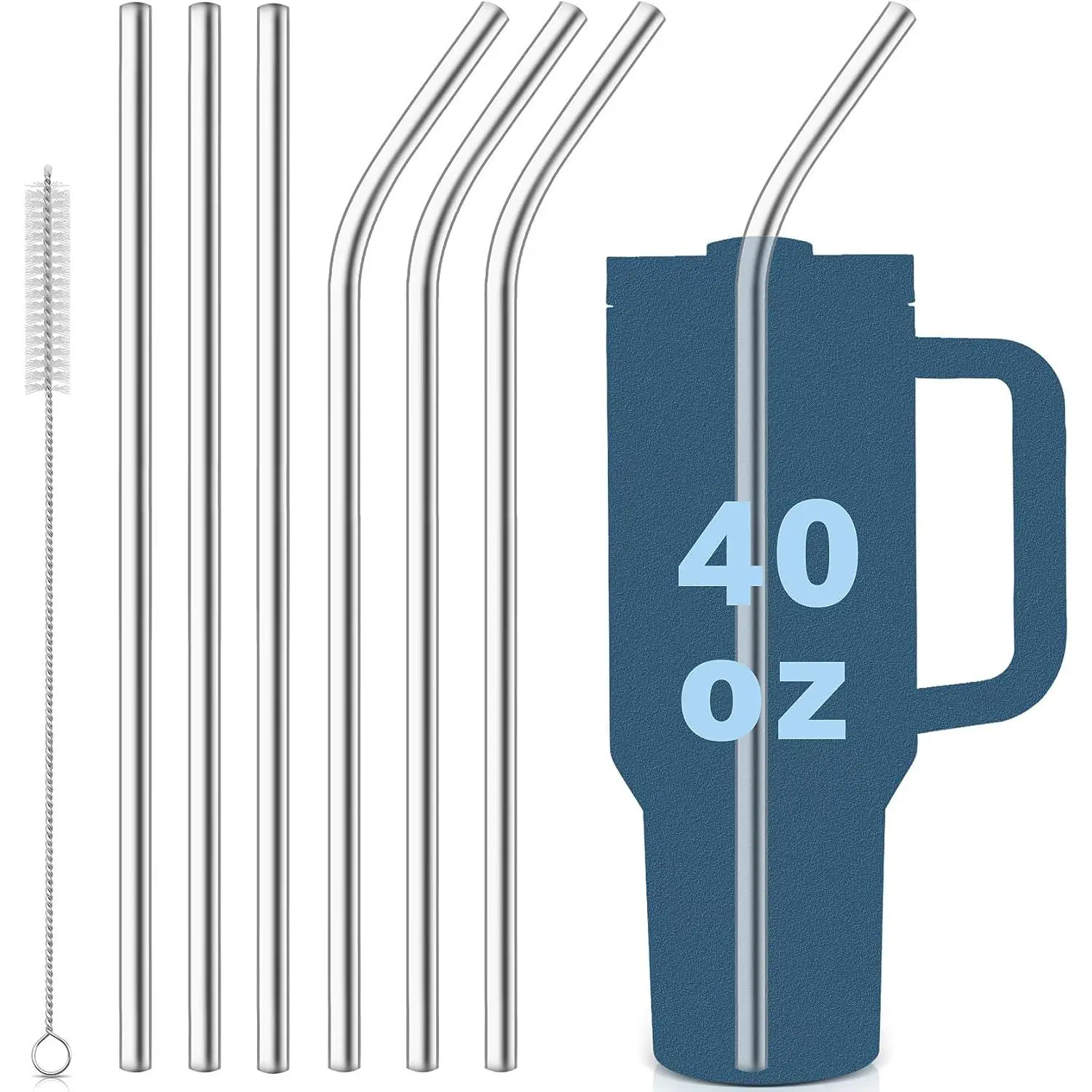 6pcs Stainless Steel Replacement Straw Set for Stanley Cup, Including 3 Straight Straws & 3 Bent Straws, Reusable Long Straw with Cleaning Brush