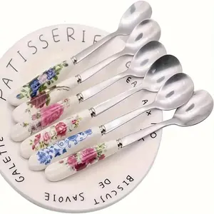 Stainless Steel Spoon with Flower Pattern Ceramic Handle, 3/6 Counts/set Coffee Dessert Spoons Set, Household Kitchenware for Home Use
