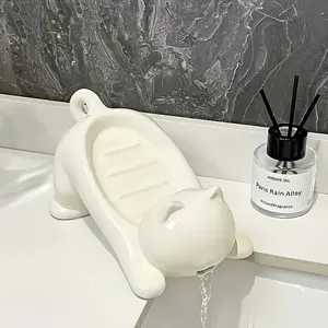 Cute Cartoon Cat-shaped Self-draining Detergent Tray - Light-colored Plastic Bathroom Storage Box with a Humorous Design, Ideal for Storing Soap and Toothbrushes, Bathroom Storage Box and Organizer, Soap Dish Holder