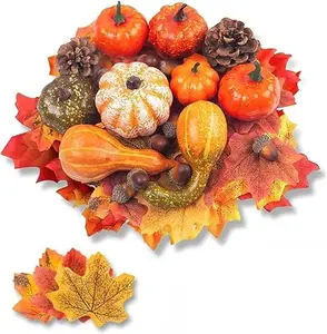 50 PCS Thanksgiving Artificial Pumpkins and Gourds Set, 8 PCS Fake Pumpkins, 12 PCS Pinecones and Acorns, 30 PCS Fake Maple Leaves Fall Wedding Tables Centerpieces