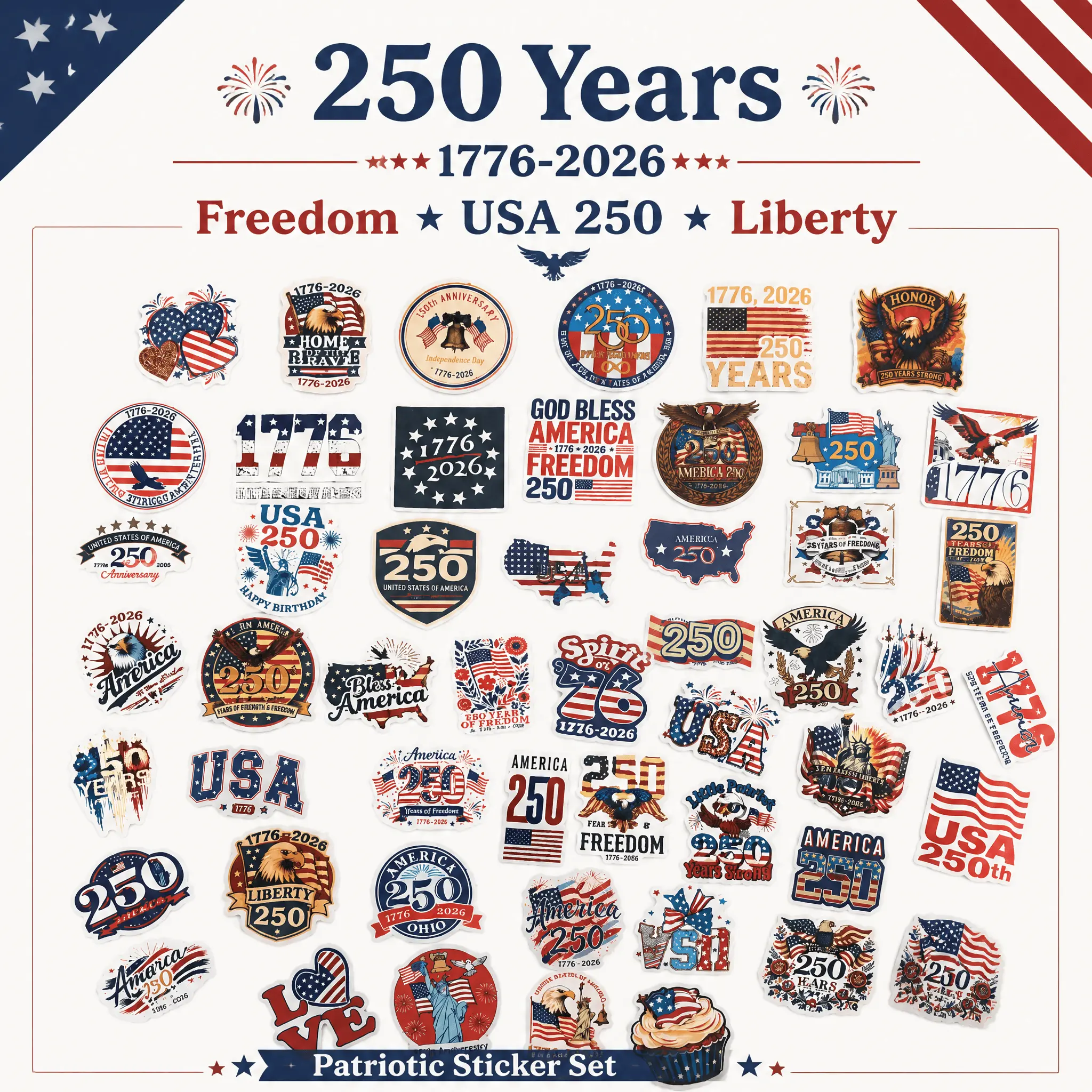 USA 250th Anniversary Patriotic Decorative Sticker Pack - 50 Pcs Assorted Waterproof Vinyl Acrylic Decals with Pouch, Independence Day God Bless America Furniture Decals for Phone Case, Laptop