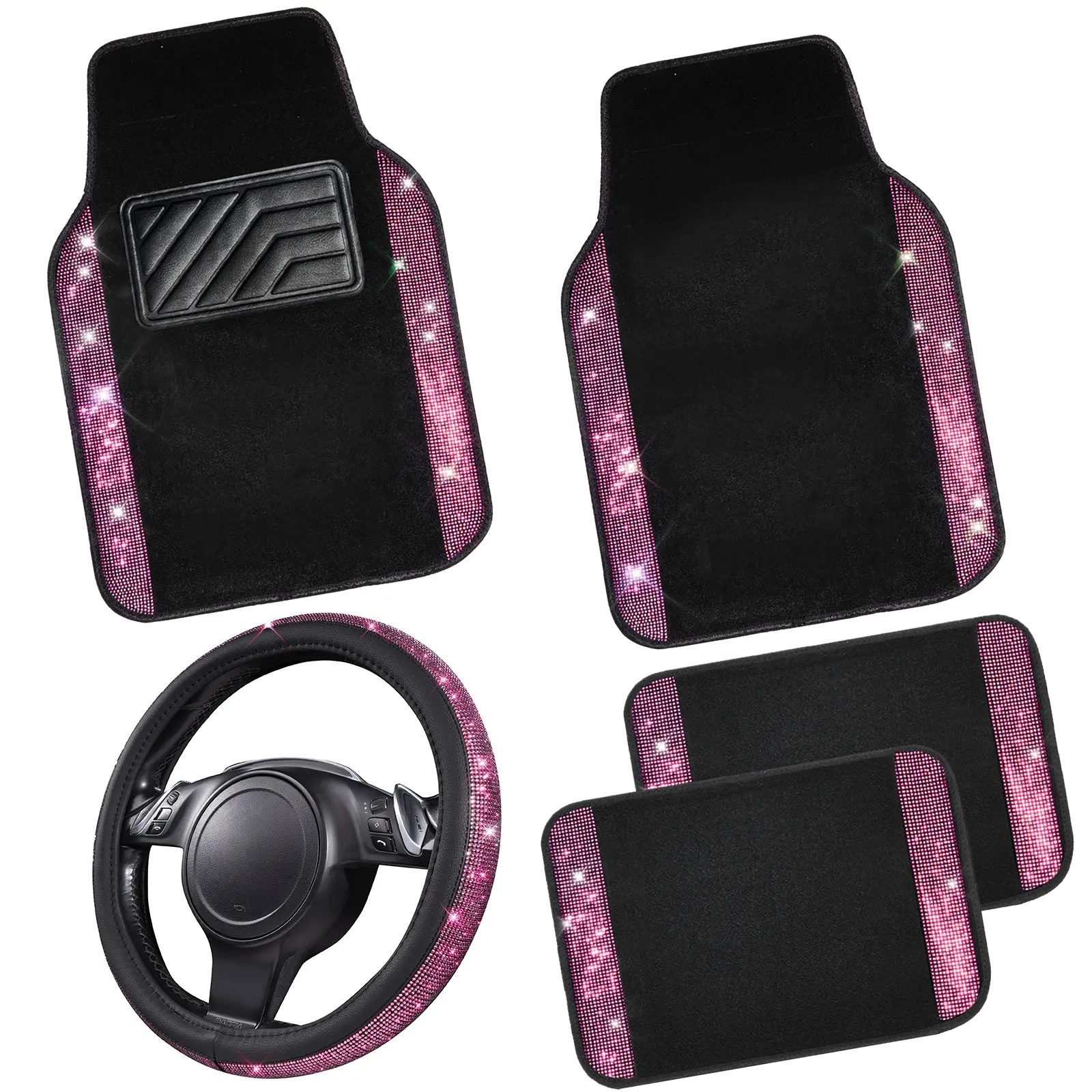Pink Car Floor Mats + Steering Wheel Cover
