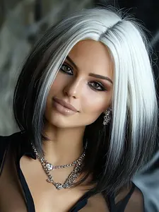 Blackwig 4*2U-shaped lace front wig A straight hairstyle with black and white gradient patterns and side-swept bangs High-temperature resistant synthetic fibers Comfortable and natural wearing Suitable for daily wear/Can be styled/Gift for ladies-12inches