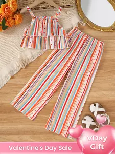 Summer Girls Colorful Striped Print Ruffle Halter Top + Straight Leg Pants Two-Piece Set, Casual Fashion for Kids, Striped Sets
