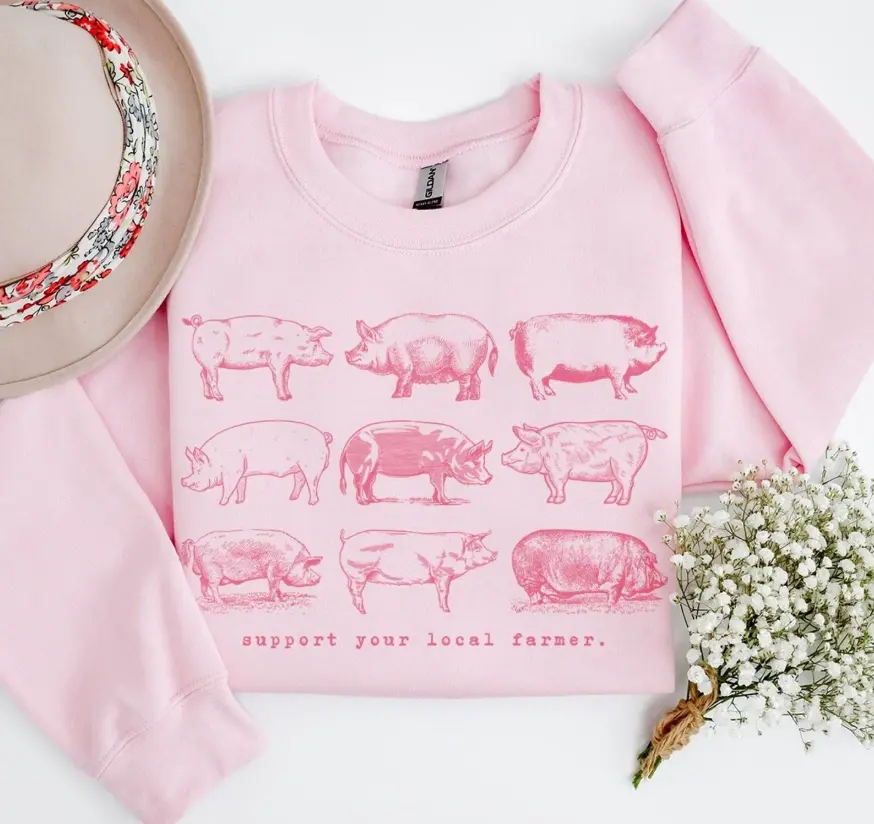 Support Your Local Farmer Pig Sweatshirt Vintage Farm Animals Sweater Homestead Wife Farming Clothes Trendy Agriculture Homesteading Gifts