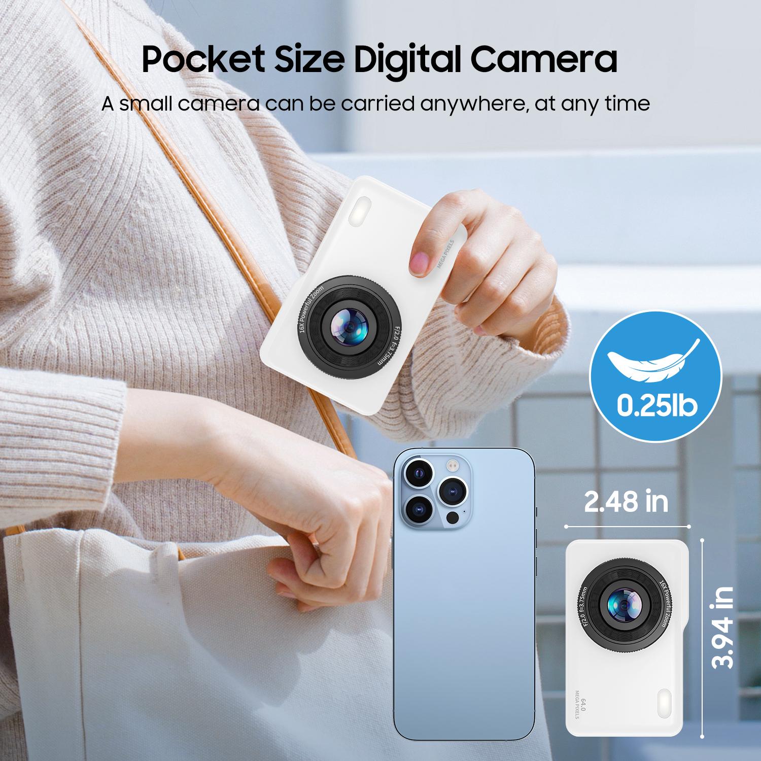 A kids' camera! Capture precious childhood memories without phone distractions. 64MP photos, 1080P video, 16x zoom, autofocus, stabilization and flash. 0.25 lbs lightweight, with 2 batteries and 64GB card included. Ideal gift. Digital Digital Portable