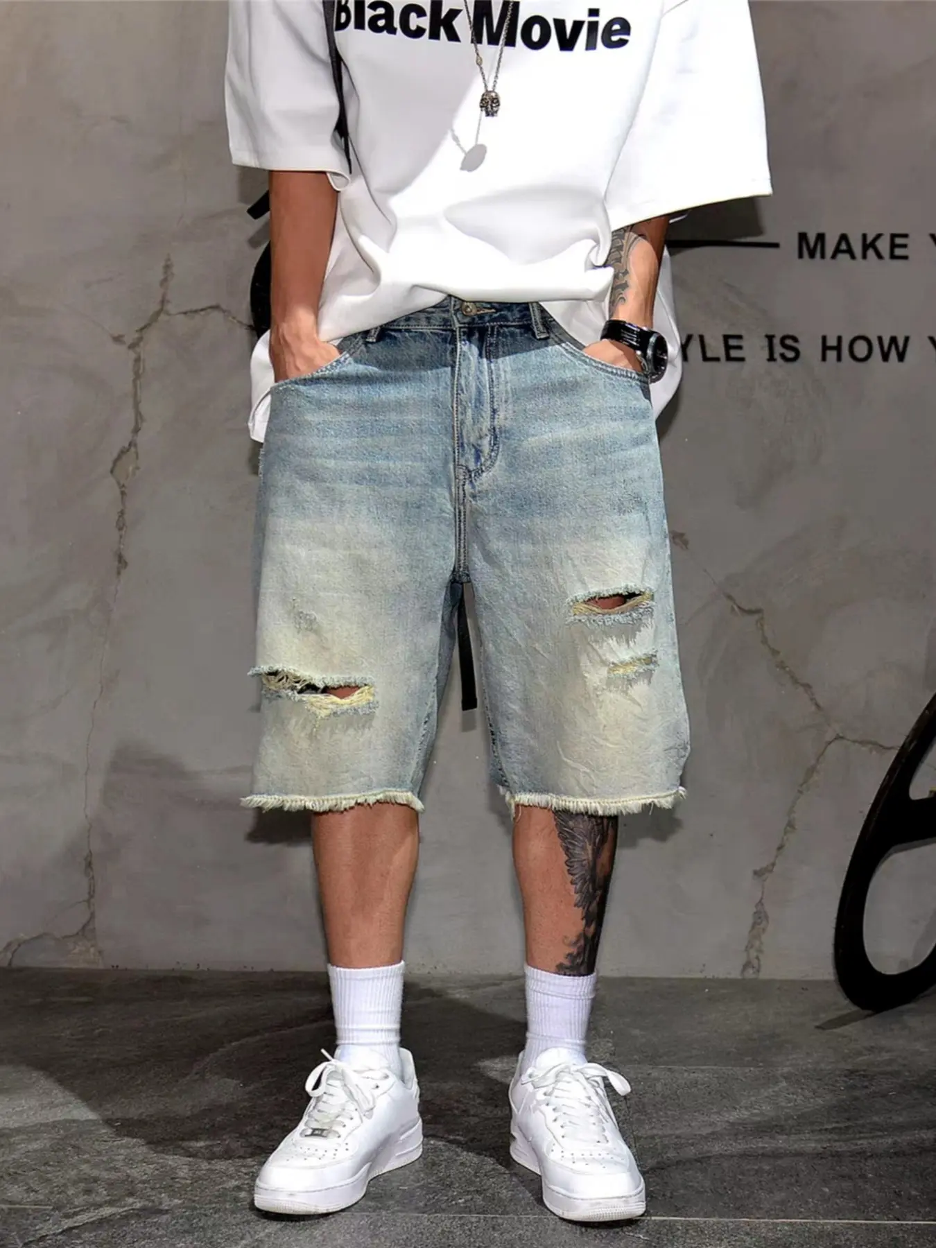 Men's Casual Loose-Fit Light Wash Five-Pocket Shorts, Casual Wear, Modern Zipper Design, Comfortable and Stylish Summer Shorts, Casual Streetwear Shorts