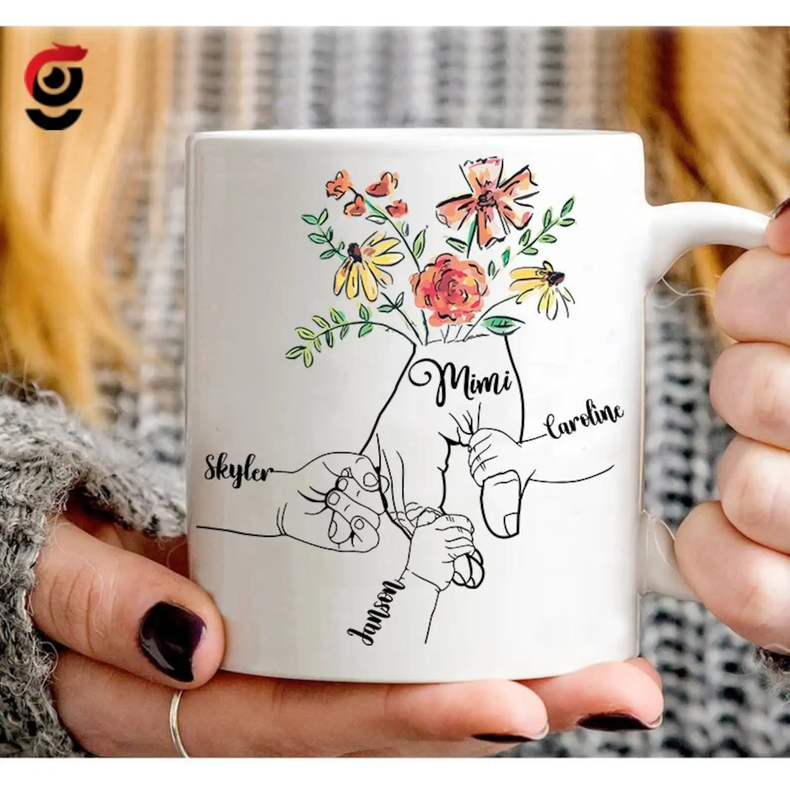 Personalized Grandma Mug, Holding kid hands Mom Grandma Mug, 11oz Ceramic Mug for Mimi Mom, Mom Custom Kidnames Hand Mug, Custom Nana Mug