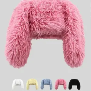 Unisex Fluffy Rabbit Ear Beanie Hat - White, CasuaSoft Plush Fabric, Warm Casual Fashion Accessory for Daily Wear