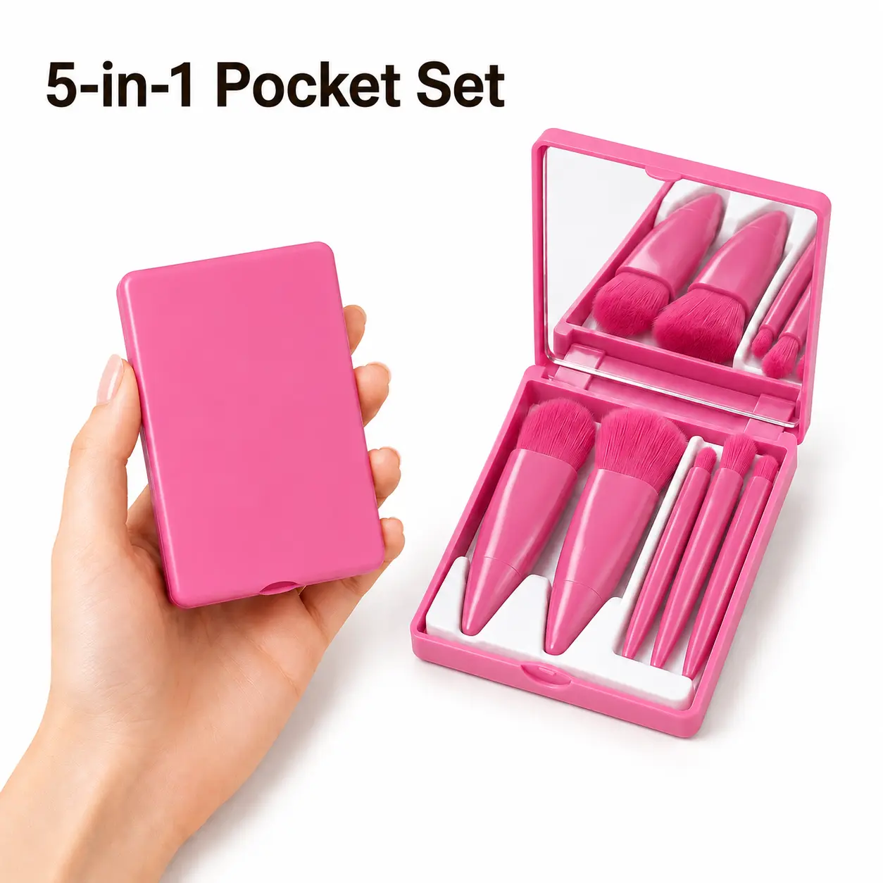 5Pcs Mini Makeup Brush Set with Built-in Square Mirror Storage Box - Compact Portable Cosmetic Brushes, Soft Synthetic Dense Bristles for Powder, Foundation, Blush, Eyeshadow - Clean Girl Aesthetic Organizer for Vacation, Daily Commute