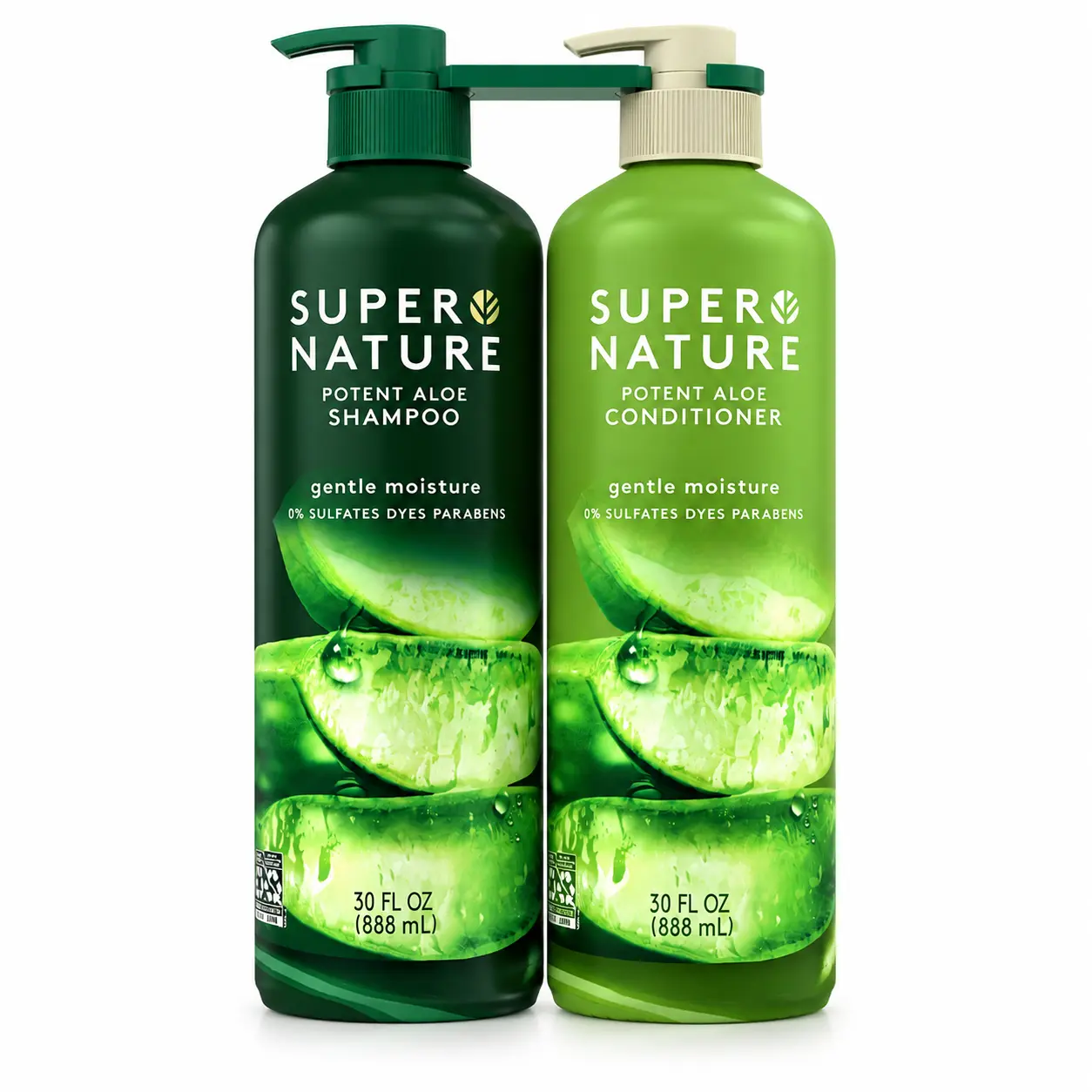 Super Nature Potent Aloe Unisex Shampoo and Conditioner Liquid Set - 30 fl oz Regular Edition, Sulfate-Free Gentle Cleanser, Conditioning, Hair-Moisturizing, Frizz Control, Youth-Focused, No Harsh Additives, Dry Haircare Daily Kit