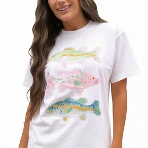 Preppy Style Round Neck Oversized Short-Sleeve Sports Top - Glitter Fish Bass Coastal Beach Prints, Statement Ocean Fishing Summer Casual Everyday Fit