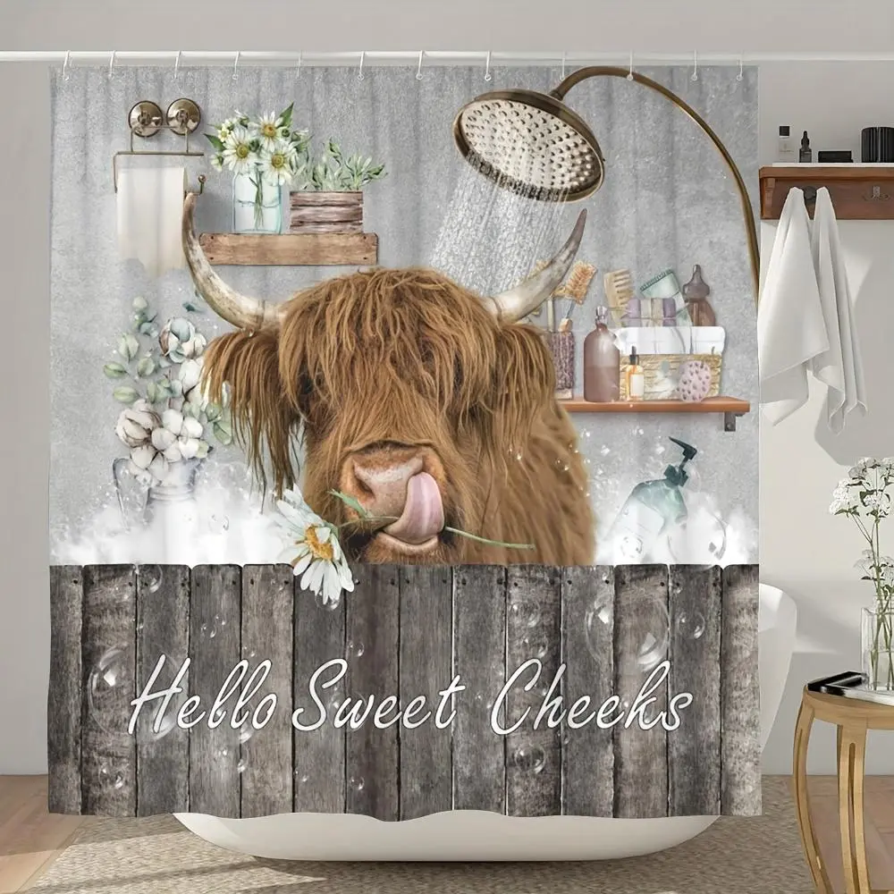 Hello Sweet Cheeks Highland Cow Funny Shower Curtain With Hooks,Rustic Farmhouse Highland Cow Daisy Floral Print Waterproof Bath Curtain,Vintage Wooden Board Country Style Bathroom Decor
